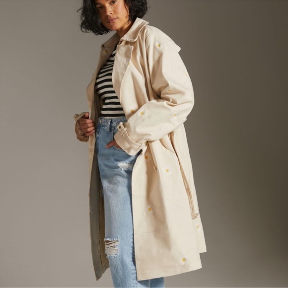 Anthropologie Maeve Embroidered Daisy Trench Coat Size 22 Cotton Hemp - Picture 2 of 16